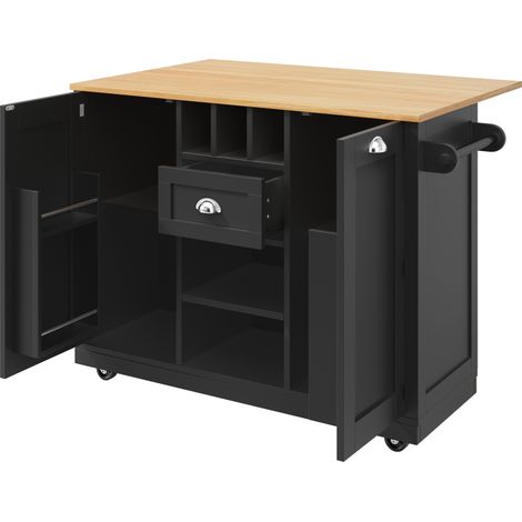 Isla de cocina móvil negra con tablero efecto madera, botellero y toallero (1/5)