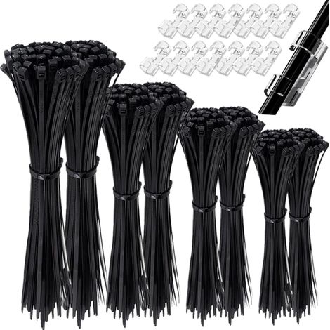 Lot de 2000 serre-câbles noirs 10 petits supports de base, 150/200/250/300 mm, nylon de différentes tailles, super durables, auto-bloquants, serre-câbles pour la gestion des câbles, le (1/5)