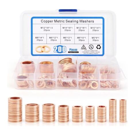 200 Pcs Rondelles Metal Joint Cuivre Vidange Rondelles pour Gonds de Porte Rondelles Plates Joints Bague D'étanchéité Rondelle Cuivre Joint Vidange Assortiment Kit 9 Tailles - M5M6M8M10M12M14 (1/5)