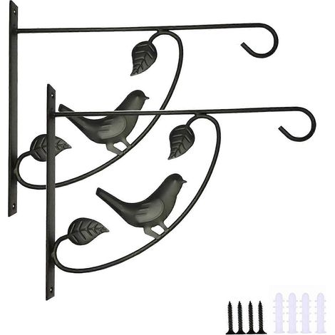 Lot de 2 supports muraux en métal pour plantes, lanternes, mangeoires à oiseaux, carillons, jardinières et autres décorations extérieures (motif oiseau x2). (1/5)