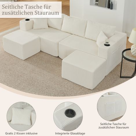 Canapé d'angle convertible 3 places, sofa compact en L avec ottomans détachables, tissu velours côtelé moelleux, accoudoirs avec porte-verres, rangement latéral et coussins inclus, parfait pour salons (1/5)