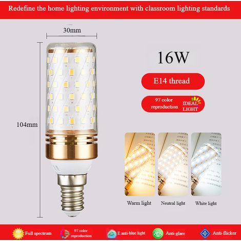 Ampoule maïs LED spectre complet E14 16W 6000K lumière blanche, IRC Ra97 anti‑bleu RG0 sans scintillement (1/5)