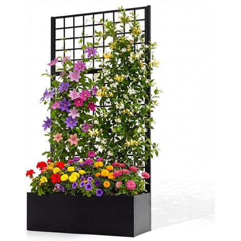 Bac potager surélevé métallique noir avec treillis intégré et trous de drainage, bac à planter vertical pour plantes grimpantes, légumes et fleurs sur balcon, terrasse et jardin (1/5)