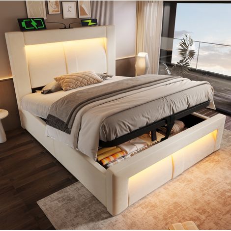 Cama individual 90/200 cm beige de terciopelo con almacenaje hidráulico, LED y puertos USB-C (1/5)