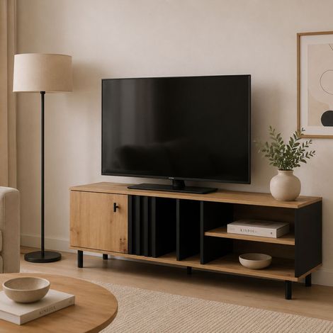 Mobile Porta tv Kali, 2 Ripiani, Un'anta, con Piedini, 138x40x49h cm Marrone Rovere Nodi (1/4)