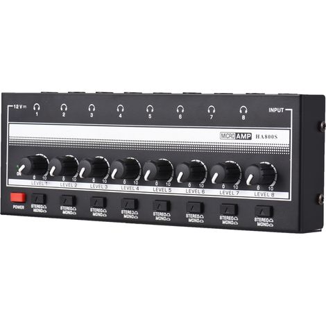 Amplificateur de casque HA800S 8 canaux mono/stéréo, boîtier métallique. Amplificateur audio stéréo mini 8 canaux ultra-compact avec adaptateur secteur. (1/2)