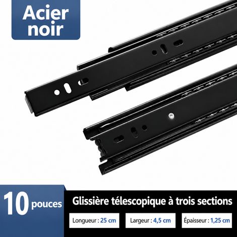 Glissières de tiroir 25 cm 10 pouces télescopiques 3 sections en acier laminé à froid noir amortisseur silencieux 10 25cm – Livraison gratuite