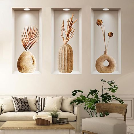 3 pièces autocollants Muraux Salon Muraux en vase 3D autocollants de salon adaptés aux autocollants muraux à fleurs décoratifs muraux pour le salon (1/5)