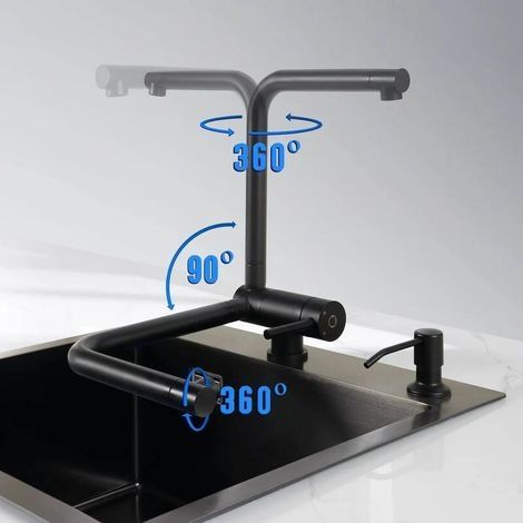 Schwarze Küchenarmatur, klappbare Küchenmischbatterie für die Unterfenstermontage, flexible schwarze Armatur mit 90° Biegbarkeit/360° drehbarem Auslauf/360° schwenkbarem Auslauf, Küchenarmatur aus Ede (1/4)