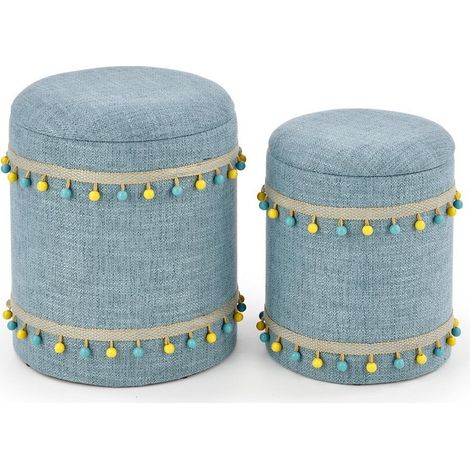 Ensemble de deux poufs gigognes en tissu bleu clair DINARD (1/5)