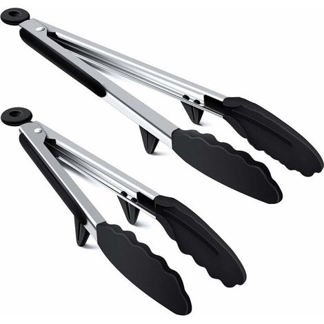 Pince De Cuisine Pince Barbecue Pince Grille Pain en Acier Inoxydable 304 et Poignée en Silicone Pince du Chef de 9"et 12" avec Support et Trou de Suspension Ensemble de Gril Noir (Noir) (1/5)