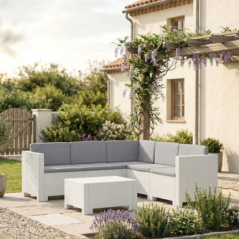Dmora - Salón de exterior Camerota, Salón al aire libre, Conjunto de balcón o jardín, Composición de salón exterior, Made in Italy, Blanco (1/5)