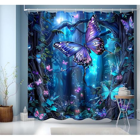 Duschvorhang Blau 200x200 Bunt mit Motiv Wasserdicht 12 Ringe (1/5)