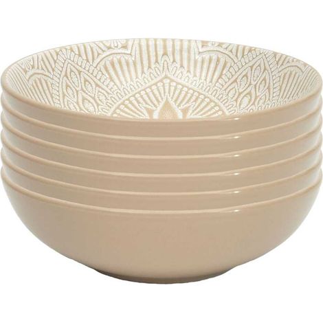 Set de 6 assiettes creuses en céramique beige motif mandala (Ø18,5 cm) - AKKA