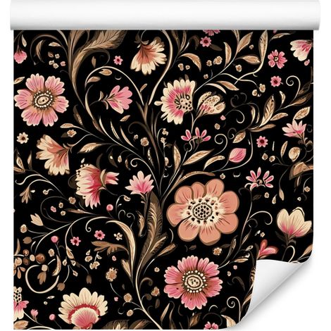 Wunderschöne Blumentapete in Schwarz und Braun für Wohn- und Schlafzimmer, 50 x 1000 cm (1/5)