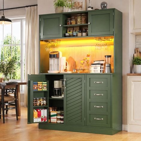 Aparador 120 x 40 x 188 cm con LED, 4 puertas, 2 cajones grandes, verde DESVIAE (1/5)