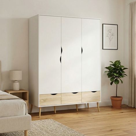 Dmora - Armario 3 puertas Devota, Muebles de dormitorio, Vestidor, Armario de ropa, 147x58 h200 cm, Blanco y Roble (1/5)