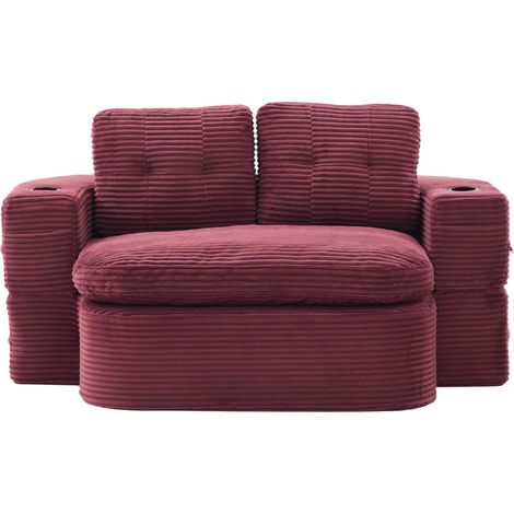 CHICFURN Fauteuil convertible 2 en 1 en velours cotele bordeaux, chauffeuse relax avec assise extra profonde, dossier haut, 2 porte-gobelets et poches laterales (1/5)