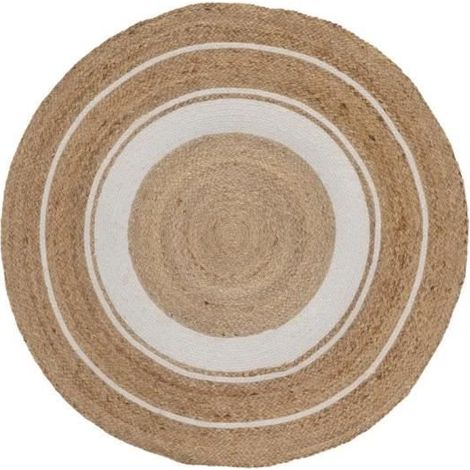 Tapis rond, moquette carpette en jute tressé coloris naturel-blanc - Diamètre 90 x Hauteur 0.5 cm -JUANIO (1/3)