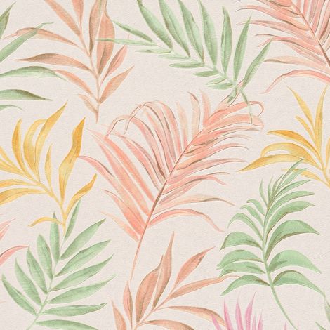 Natur Tapete Profhome 791083 heißgeprägte Vliestapete strukturiert mit floralen Ornamenten schimmernd creme rosa gelb grün 5,33 m2