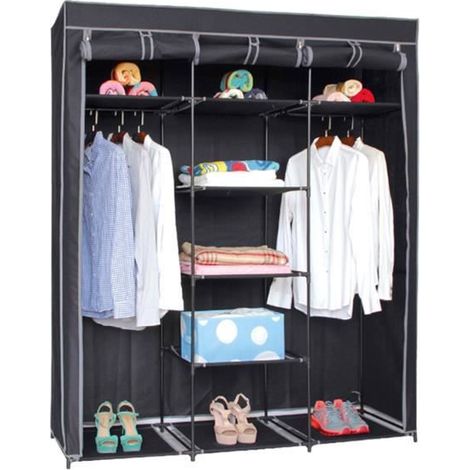 Armoire de rangement penderie dressing en toile coloris noir - Longueur 150 x Profondeur 45 x Hauteur 172 cm -JUANIO (1/2)