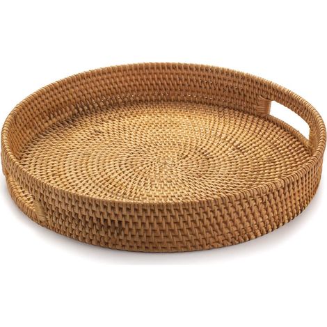 Plateau de service rond en rotin, panier de service tressé à la main avec poignées découpées, panier à fruits/pain en osier, 30 cm (1/5)
