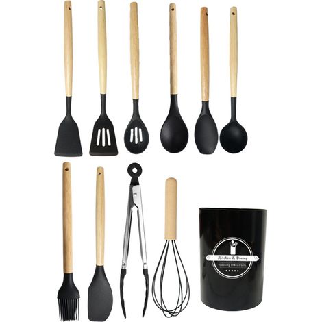 Ensemble Ustensiles Cuisine Silicone - Poignées Bois Résistant Chaleur 230°C - Anti-Rayures Pour Casseroles - Set 12 Pièces (1/5)