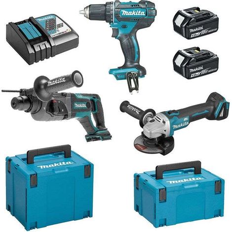 Set de 3 máquinas 18 V Li-Ion 4 Ah MAKITA Drill DDF482 + Amoladora DGA504 + Perfo DHR241 - 2 baterías, cargador, caja - DLX3078MJ