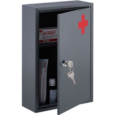 Relaxdays Armadietto Pronto Soccorso per Medicinali, Cassetta con Chiusura di Sicurezza, 32x21,5x9,5 cm, Grigio Rosso (1/5)
