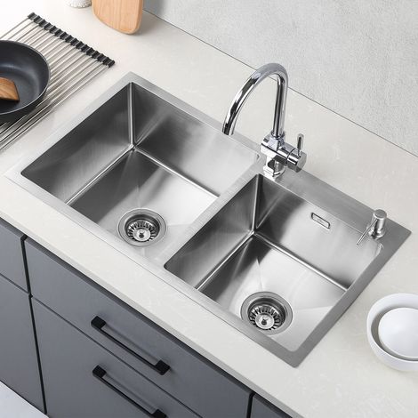 Auralum Küchenspüle 2 Schalen 75 x 45 CM Spülbecken 2 Becken Waschbecken Unterbauwaschbecken Edelstahl 304 Spüle aus gebürstetem Edelstahl mit Siphon und Überlauf (1/5)