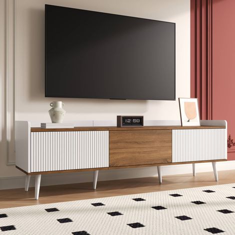 Meuble TV 160 cm, meuble télé 3 portes avec passe-câbles et bords surélevés, MDF et bois massif, blanc et bois naturel (1/5)