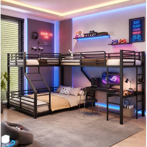 Lit superposé 90/140 x 200 cm noir avec 3 couchages, bureau et prise USB (1/5)