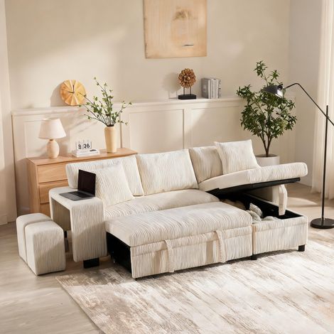 Canapé convertible en L en velours côtelé beige avec fonction (1/5)