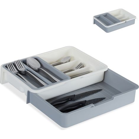 Relaxdays Cutlery Tray, Extendable, 7 Compartments for Silverware & Kitchen Utensils, HWD 6x23.5x31.5 cm, Grey
