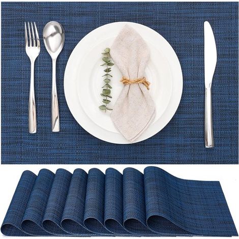 Lot de 6 sets de table, sets de table en vinyle tissé, sets de table lavables pour intérieur, sets de table antidérapants (Bleu, 6 sets) (1/5)
