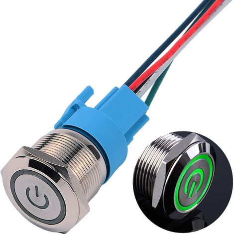 22mm Commutateurs à Bouton-Poussoir Momentanés 12V à 24V 3A IP66 1NO 1NC avec Symbole d'Alimentation LED, Commutateurs à Bouton-Poussoir en Métal Imperméable avec Fils de Connexion(Vert) (1/5)