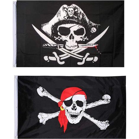 Drapeau de pirate, drapeau de crâne de 2 pièces, drapeau de fête de pirate, drapeau de pirate par Jolly Roger pour la décoration d'Halloween, jeu de pirate, fête de pirate, cosplay de pirate (1/5)