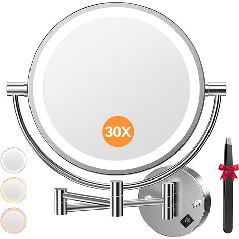 8 Pouces Miroir Grossissant Lumineux Mural x30, Miroir Grossissant Mural avec 3 Couleurs, 1X/30X Grossissement Charge avec Plug EU, Écran Tactile, 360° Pivotant et Extensible pour Salle de Bain (1/5)