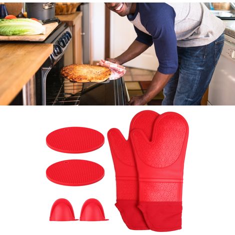 Gants de cuisine en silicone épais pour griller, utiliser au micro-ondes et au four comprend 2 pinces pour les mains et 2 coussinets résistants à la chaleur (rouges). (1/5)