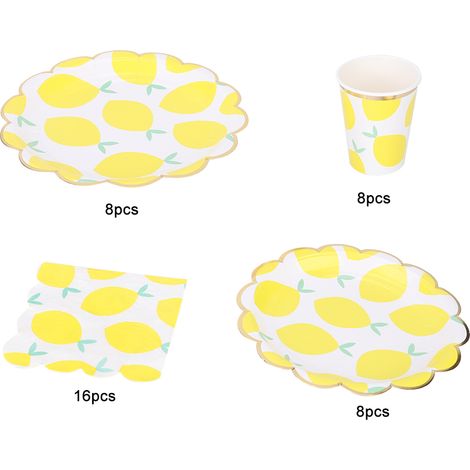 Lot de vaisselle jetable citron pour mariage fête - Gobelets assiettes serviettes en papier (1/5)