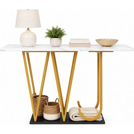 Table console 120 x 29,5 x 80 cm effet marbre blanc, plateau MDF et pieds métal doré, meuble d'entrée, cuisine ou balcon avec niche de rangement – CHICFURN (1/5)