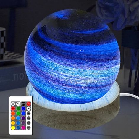 BelleRise - Veilleuse boule de verre 3D en forme de planète, télécommande, 16 couleurs RVB, intensité réglable, socle en bois (8 cm) ccc (1/5)