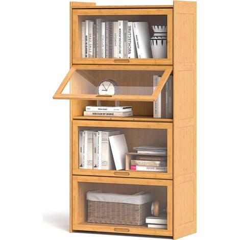 COSTWAY Bibliothèque à 4 Niveaux avec Portes, Étagère en Bambou de 140 cm avec Portes en Acrylique Transparent, Meuble de Rangement Autonome pour Bureau, Salon, Chambre (Naturel) (1/5)