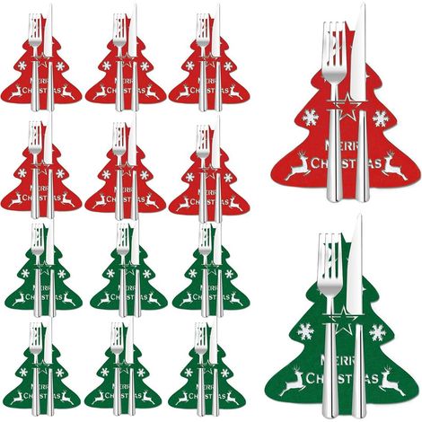 Lot de 12 poches à ustensiles pour sapin de Noël, poches à couteaux et fourchettes, décoration de table en feutre, couvertures plates et argentées pour décoration de table de fête de Noël, Nouvel An (1/5)