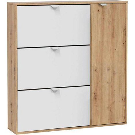 Dmora – Meuble à chaussures peu encombrant 4 portes – Dimensions 105x24x112 cm – Bois lamellé blanc et chêne – Capacité 30 paires - 105x24h112 (1/5)