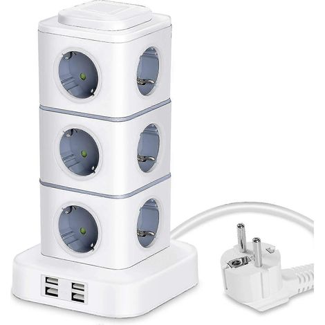 Multiprise verticale, 12 prises de courant avec 4 ports USB, protection contre les surtensions, adaptée à une utilisation à domicile et au bureau, rallonge (2500 watts/10 ampères) (1/4)
