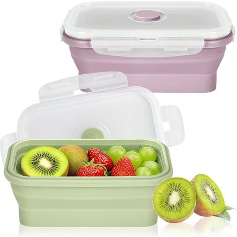 2 Pièces Boîte à Lunch Pliable, 550ML Contenants Alimentaires Pliables avec Couvercle, Lunchbox Pliable, Boîte Repas Pliable, Set de Récipients Alimentaires en Silicone (Vert, Rose) (1/5)