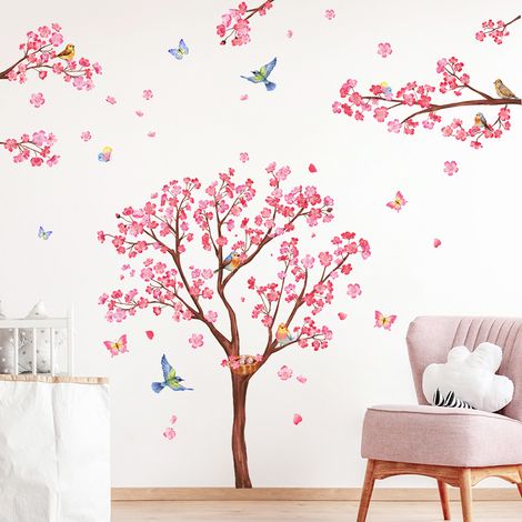 Sticker mural grand arbre à fleurs de cerisier, fleurs de cerisier roses, décoration murale pour chambre, salon ou chambre d'enfant