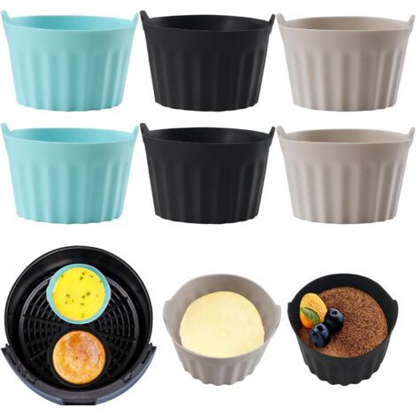 6PCS Moule Silicone Air Fryer,Plat Pour Friteuse Sans Huile,Coupe Moule,Moule Pour Gâteau Au Four,Moule à Tarte Aux Oeufs,Air friteuse Accessoires, Silicone Bakeware,Noir + gris+bleu (1/5)