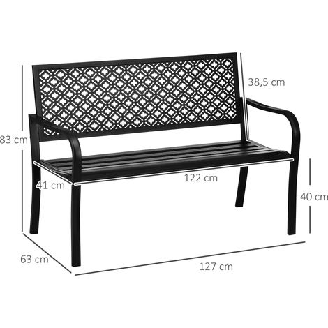 Banc de jardin 2 places Outsunny avec dossier et accoudoirs, en acier, supportant jusqu'à 240 kg, motif floral, noir, 127 x 63 x 83 cm, pour jardin et terrasse.